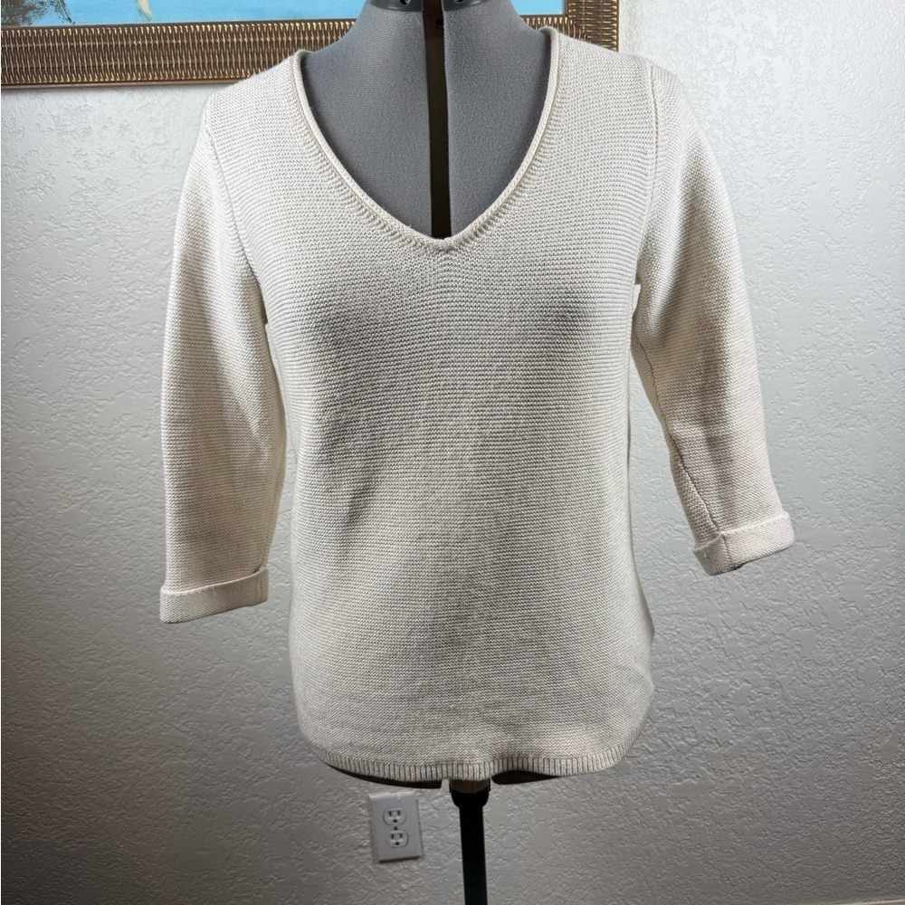 Boden Cream V-Neck Sweater Women's Size 4 Comfy 3/4 Sleeve 57% Wool/43% Cotton